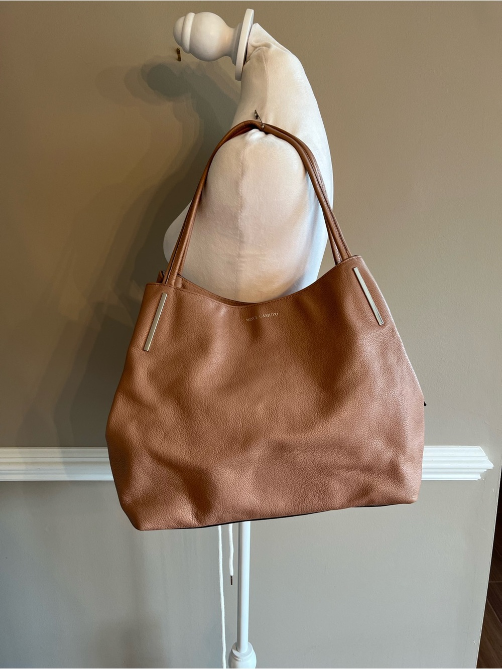 Vince Camuto Taupe Leather Hobo Tote with silver accents triple compartments